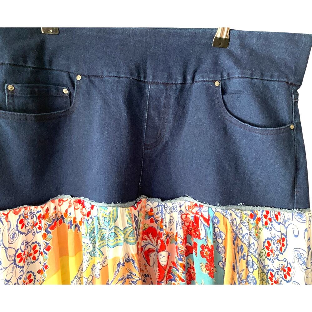Upcycled Jean top Skirt Hi-Lo Hem Paisley Floral Rolled Hem Stretch Waist 12-14 - Picture 2 of 7
